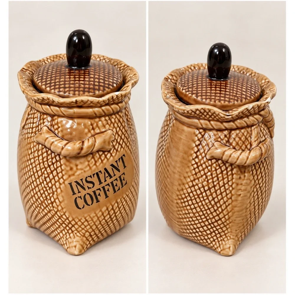 Vintage Lefton Instant Coffee Canister Basket Weave Ceramic Japan 2121